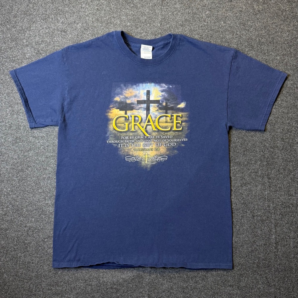 Vintage T-Shirt Mens L Blue Grace Ephesians 2:8 Calvary Baptist Church Graphic